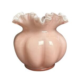 Vintage Fenton ruffled crest melon rose bowl vase pink overlay ribbed white 5x6